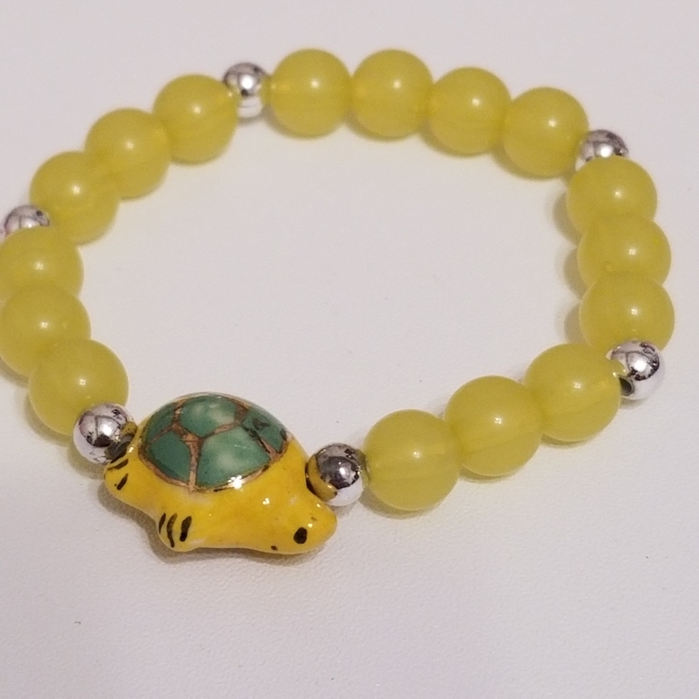 Yellow Beaded Stackable Bracelet with Ceramic Charm Turtle